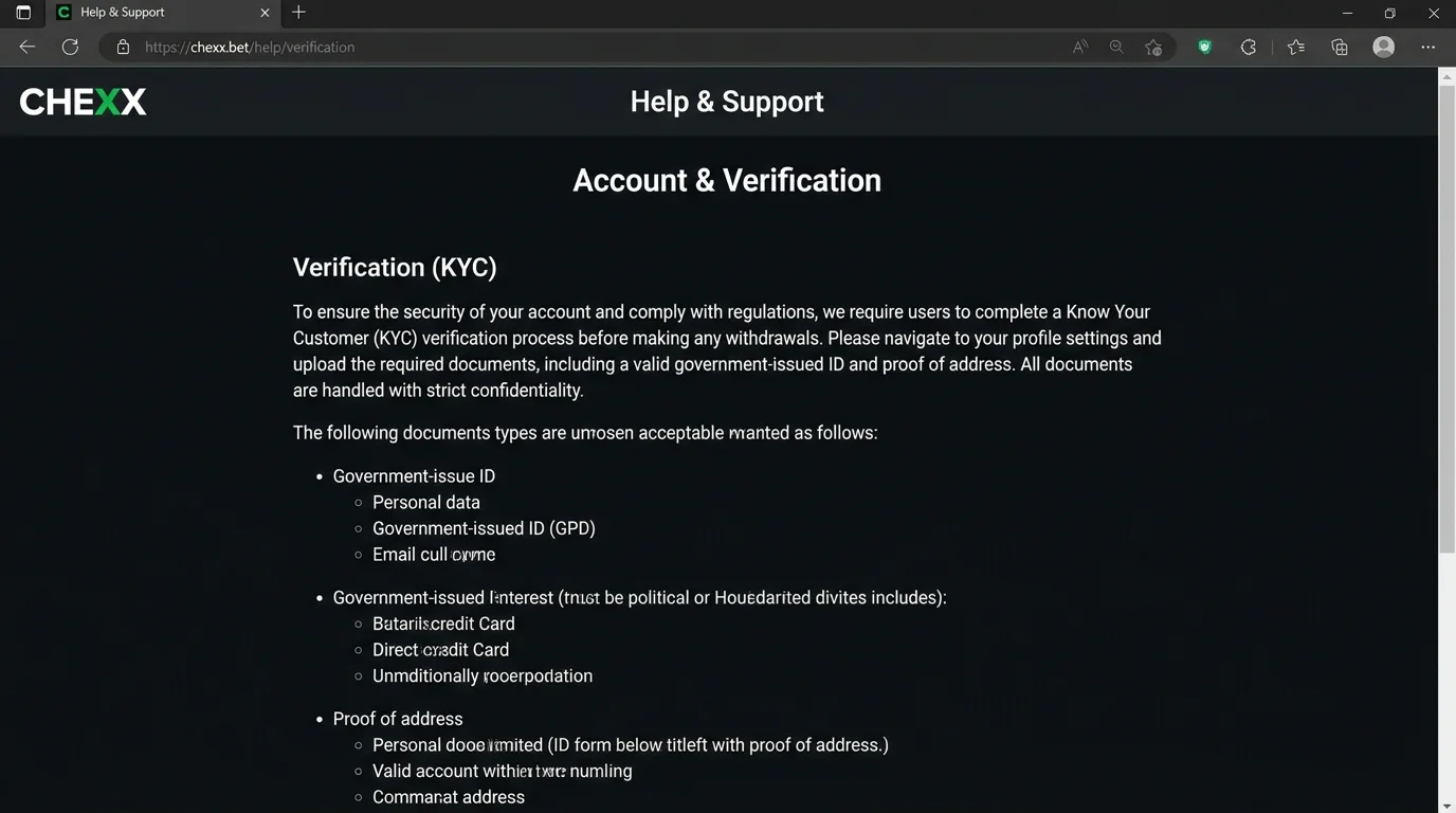 Tangkapan layar halaman KYC, Terms, atau help CHEXX