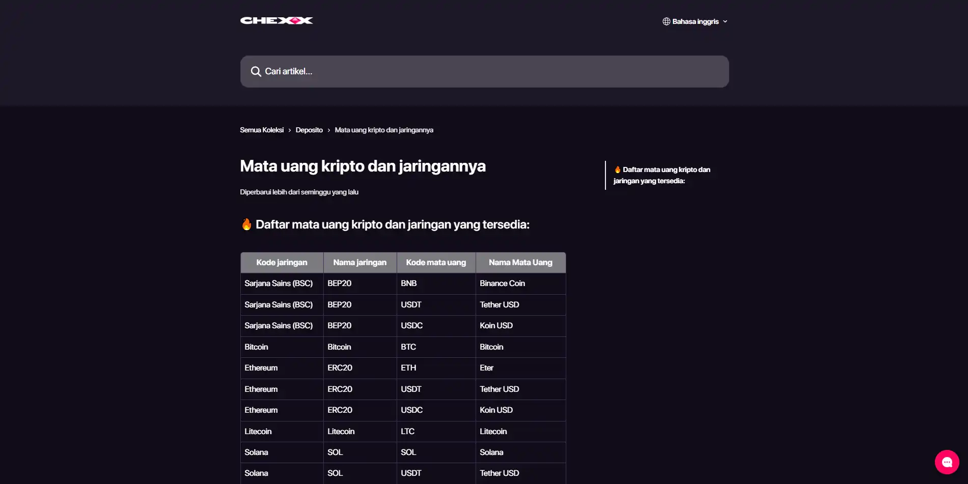 Tangkapan layar pilihan aset dan jaringan pada cashier CHEXX