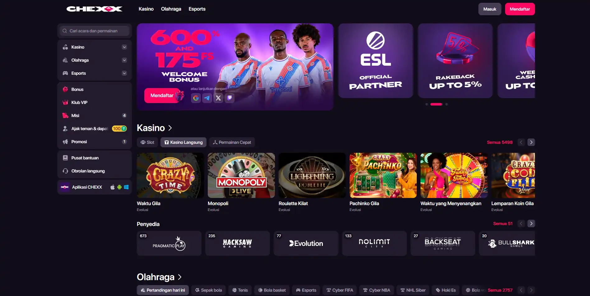 Tangkapan layar lobi live casino CHEXX