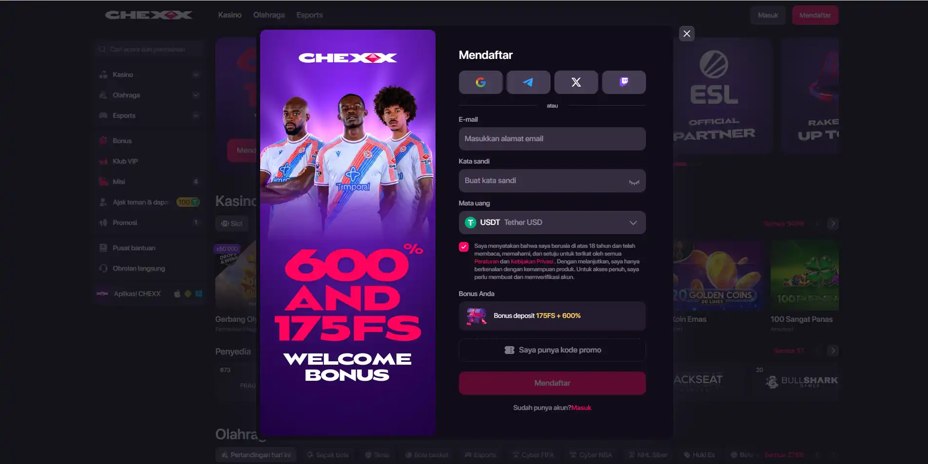 Tangkapan layar alur registrasi akun CHEXX