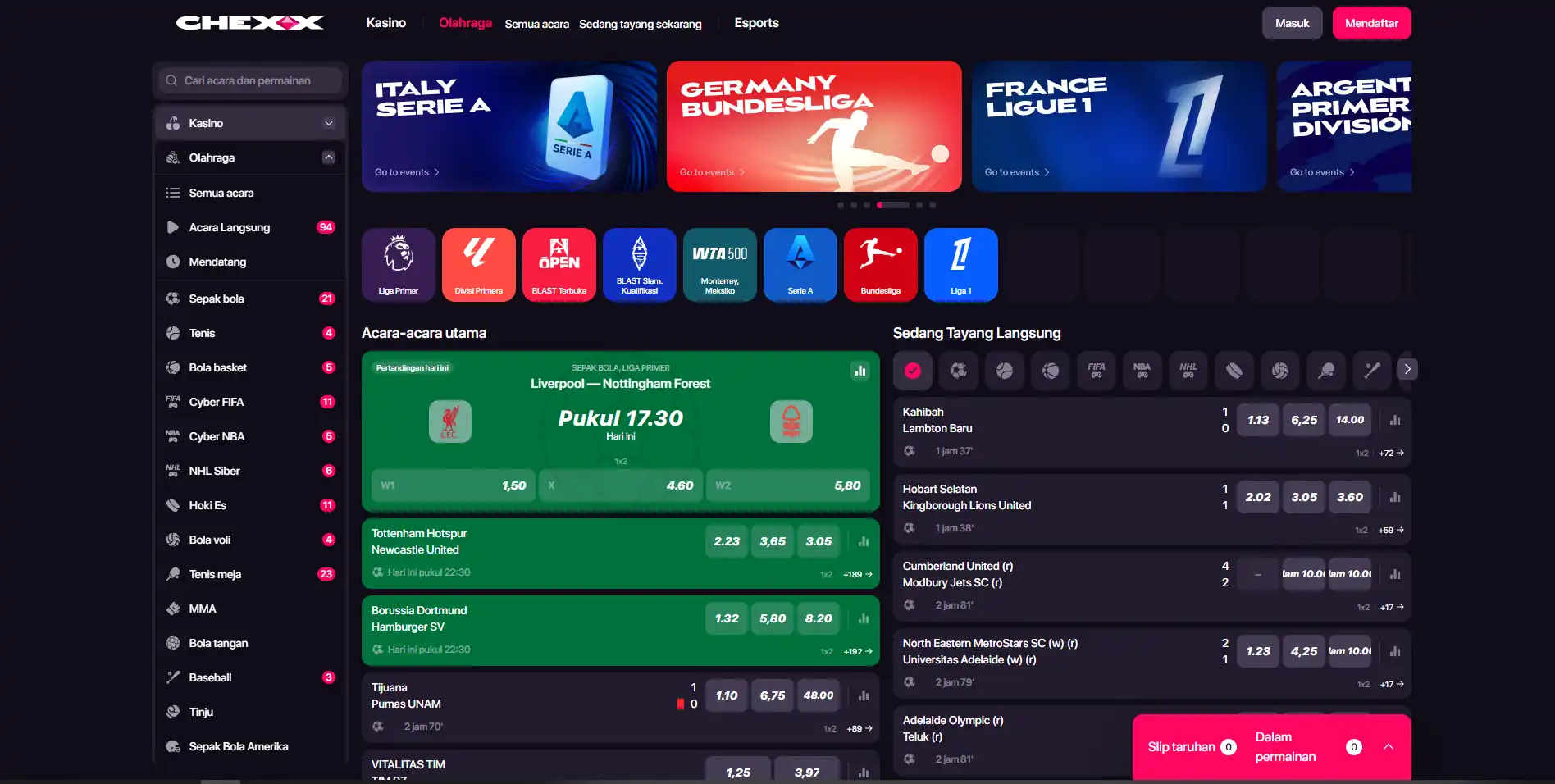 Tangkapan layar navigasi sportsbook dan esports CHEXX