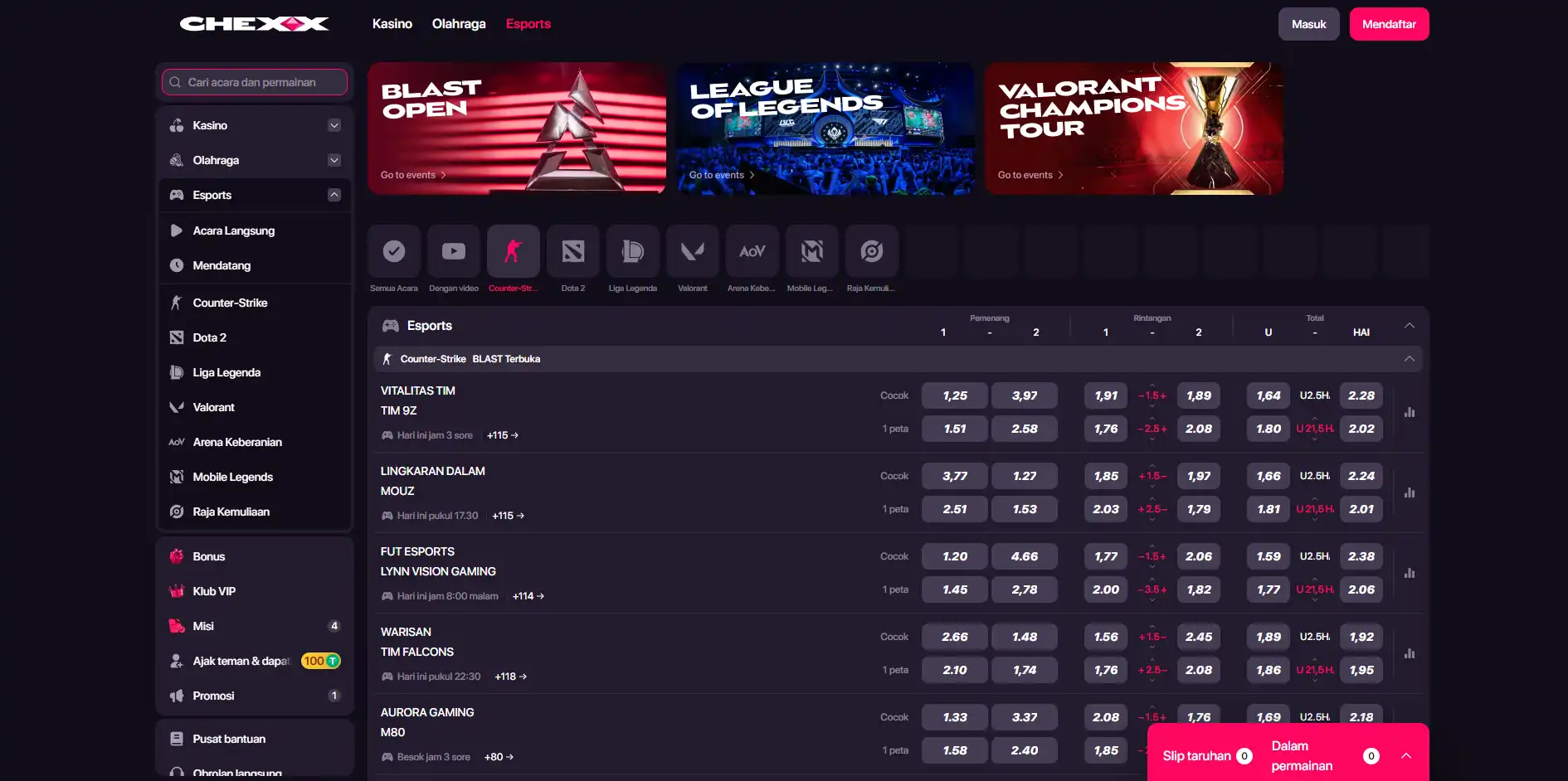 Tampilan beranda resmi CHEXX dengan navigasi kasino dan sportsbook